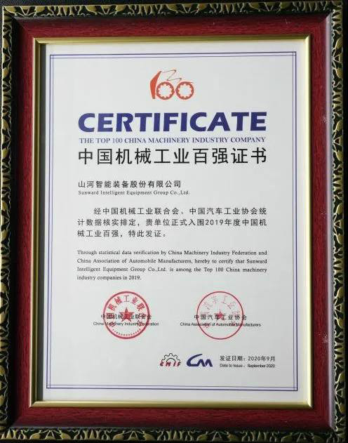 2019年中国机械工业百强颁布，9001cc金沙以诚为本智能排名52位