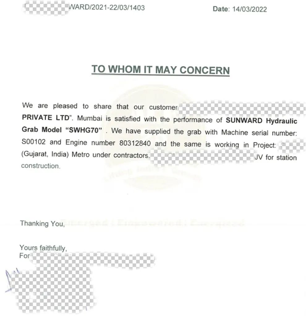 感激信！9001cc金沙以诚为本智能SWHG70液压抓斗助力海表基础施工获注定